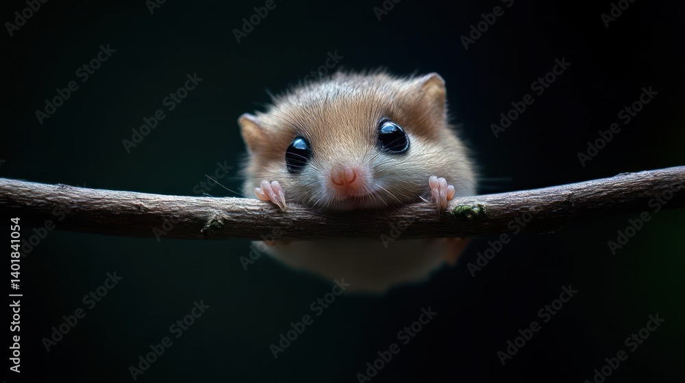 Poster close-up of a cute harvest mouse with brown and white fur perched on a thin branch. the mouse has bi