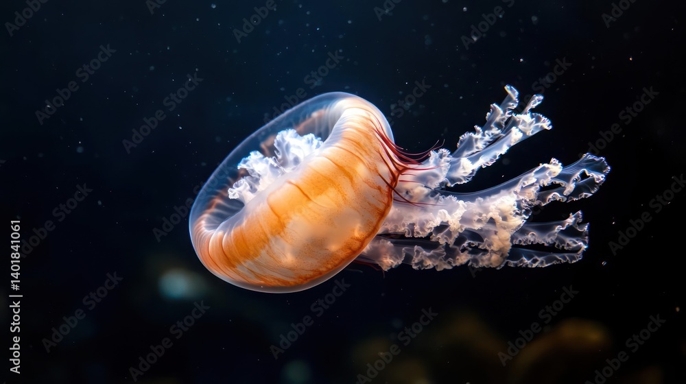 Poster This image showcases a vibrant orange jellyfish gracefully swimming through the deep ocean. The light plays across its translucent bell and trailing tentacles, creating a captivating underwater