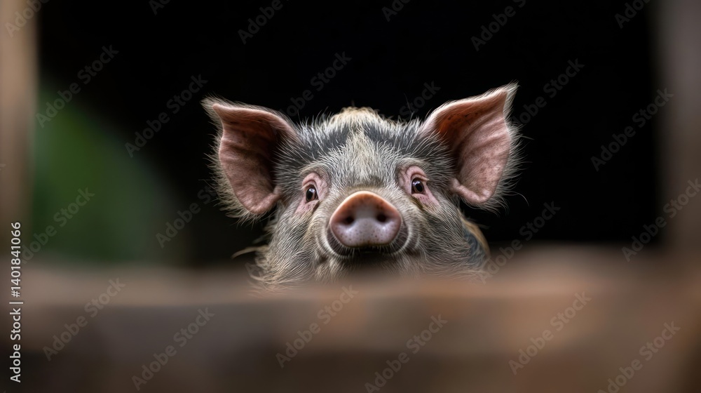 Poster close-up shot of a wild pig with a mottled coat, pink snout, and ears peeking over a blurred wooden 