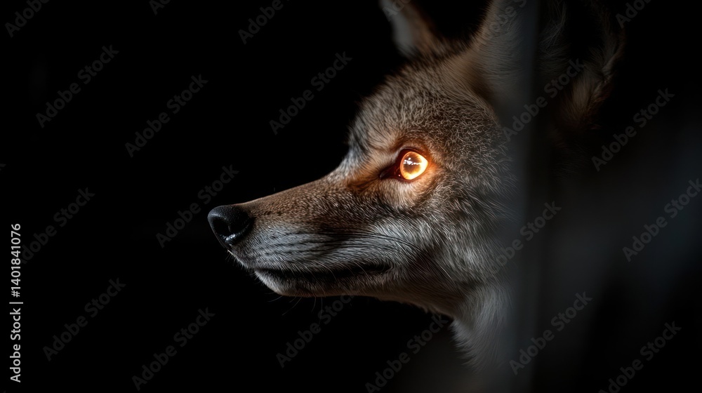 Poster a close-up of a coyote's head in partial shadow against a black background. its coat is brown, and o