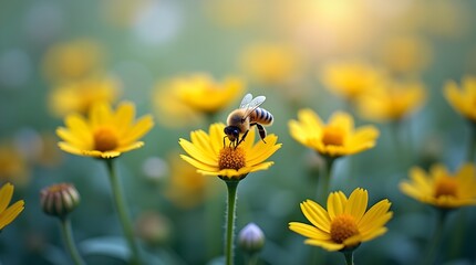 In a fairy garden, little yellow bright summer flowers and a bee stand out against a backdrop of green and blue greenery. creative image at a macro scale. format for a banner.