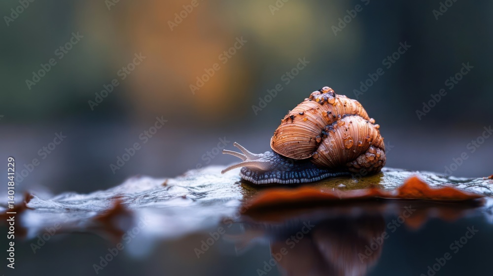 Poster Macro shot captures a snail with a textured brown shell crawling on a wet leaf near a reflective pool, creating a serene natural scene with soft focus