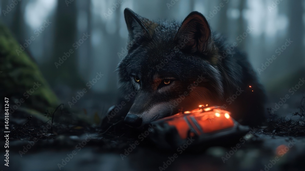 Poster a captivating close-up shows a gray wolf resting in a misty forest. the wolf's fur is speckled with 