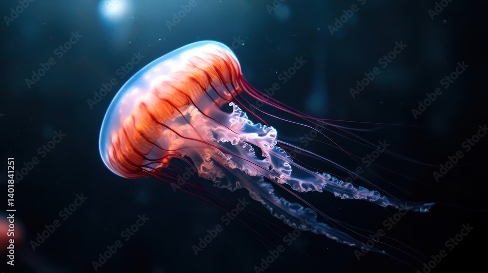 Poster dramatic close-up of a jellyfish featuring translucent bell with orange and red stripes, long flowin