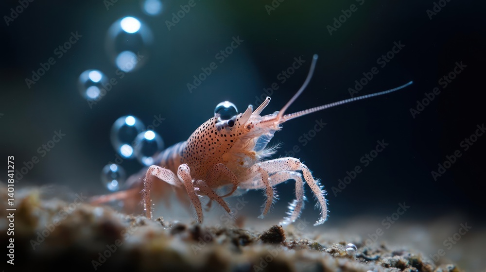 Poster close-up shot of a shrimp with a unique dotted pattern, positioned on a sandy surface with a dark ba