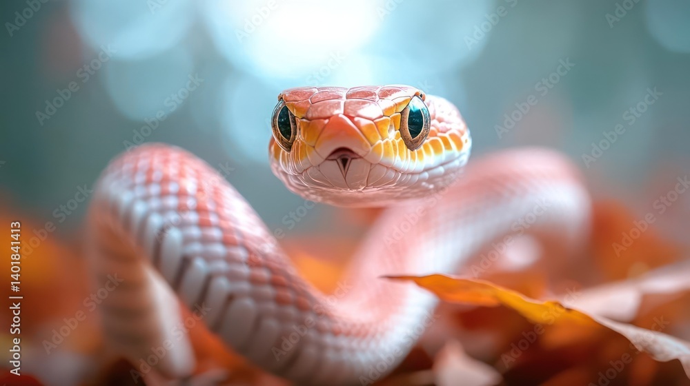 Poster a low angle macro shot features a peach and white colored snake with black eyes winding through dry 