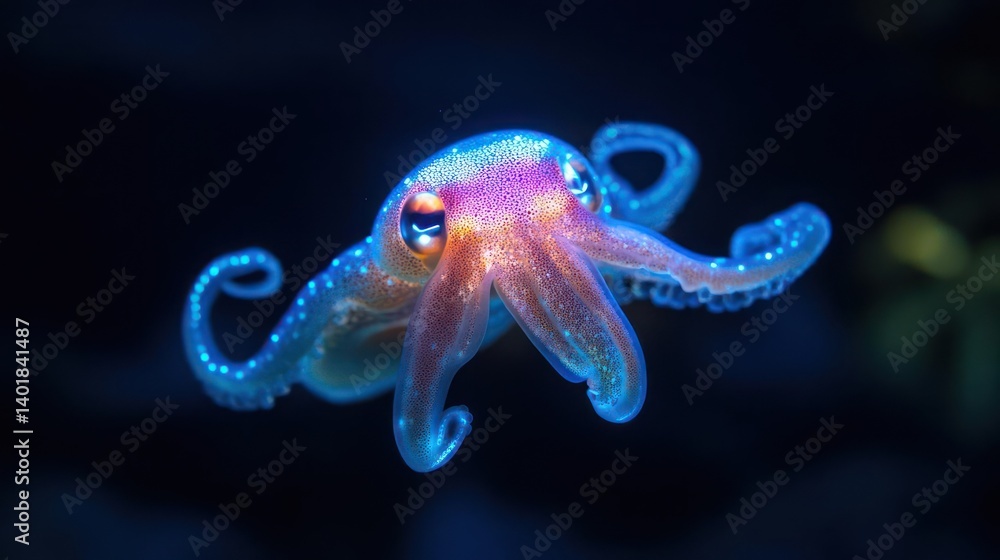 Poster macro shot of a colorful caribbean reef squid under the ocean. the squid is pink and blue with a dar