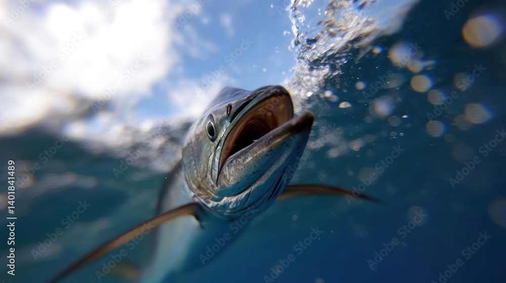 Poster A wahoo fish swims underwater with its mouth open. Bubbles and sunlight filter through the water, creating a dynamic and visually engaging composition. The fish's sleek body and open mouth are