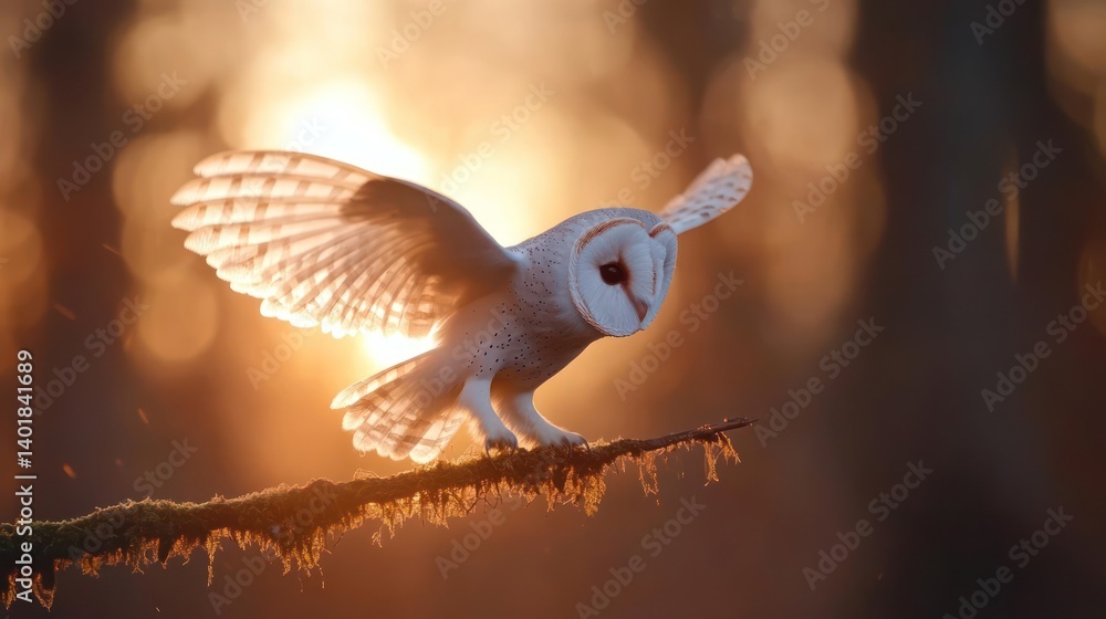 Poster majestic barn owl with spread wings perched on a mossy branch during sunset. golden light filters th