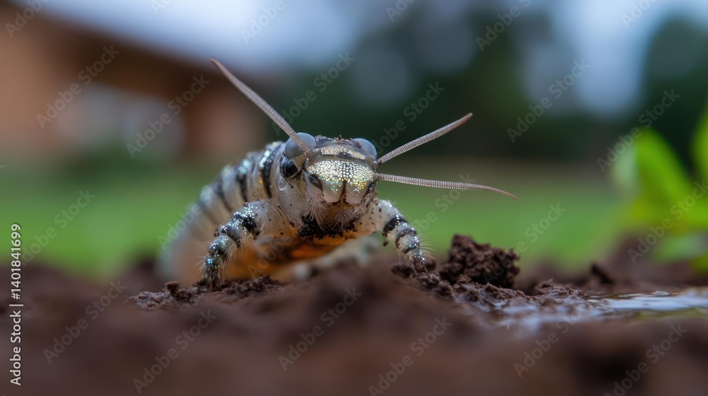 Poster macro shot of a small, segmented insect crawling on dark brown soil. the insect has a glistening bod