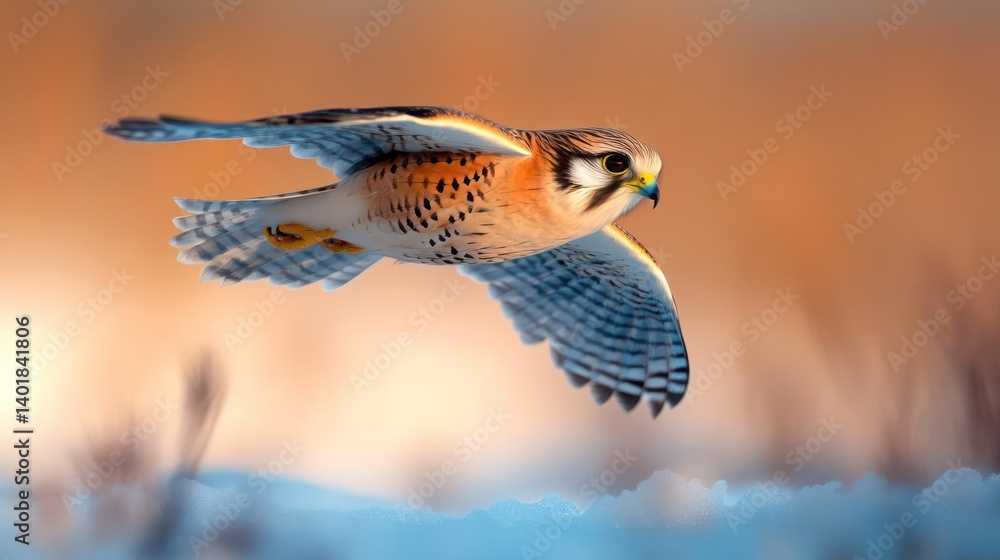 Poster close-up shot of an american kestrel in mid-flight, displaying its distinct plumage with brown, whit