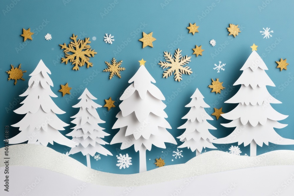 Poster beautiful winter landscape with paper cutout trees adorned with golden stars and snowflakes in a lap