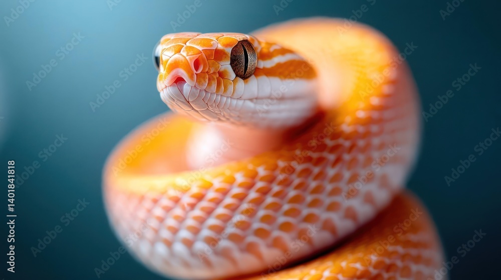 Poster Close-up shot of a coiled orange and white snake against a blurred teal backdrop. The snake's head is in focus, showcasing its scale pattern and distinctive eyes, capturing its unique texture and