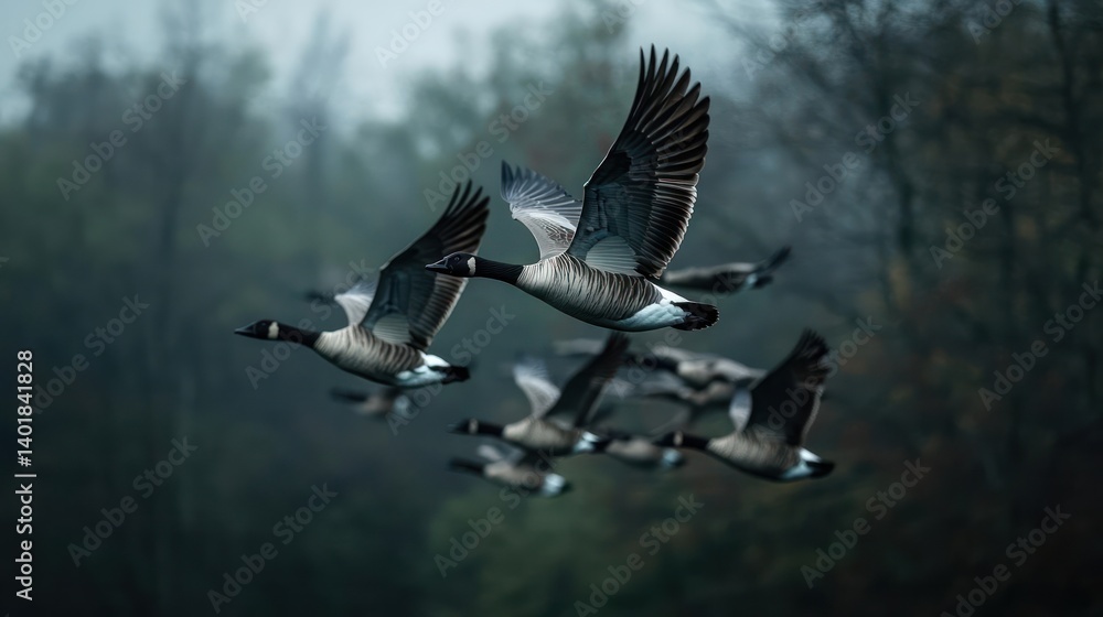 Poster a flock of canada geese soars in flight over a misty forest landscape. focus on the two geese in the