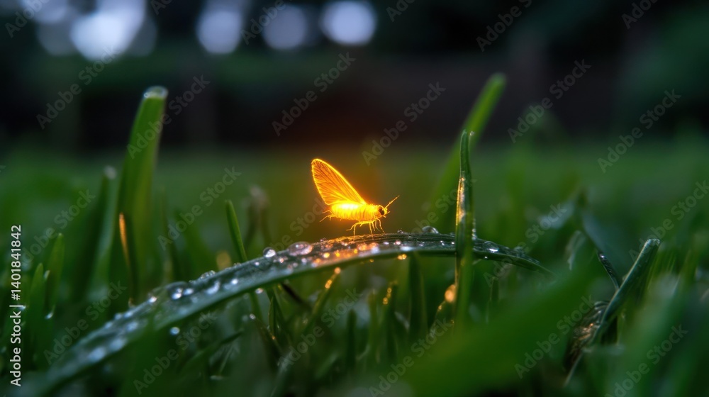 Poster close-up of a glowing firefly perched on a blade of green grass covered in water droplets, set again
