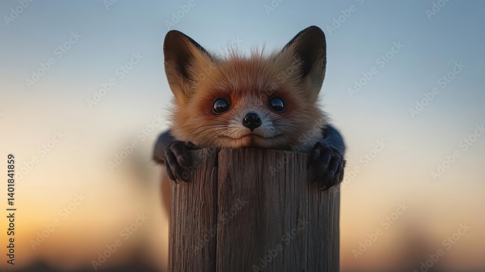 Poster a charming close-up of a fox cub perched on a weathered wooden post against a soft blue and orange s