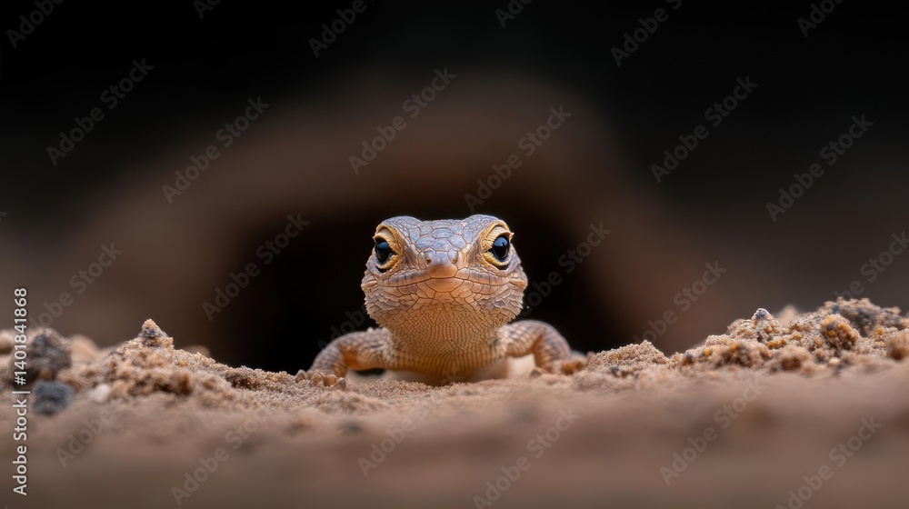 Poster close-up of a skink lizard emerging from a sandy burrow, its speckled brown and gray scales visible,