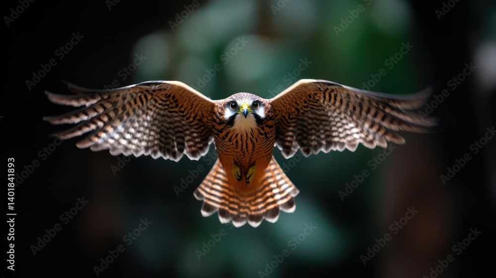 Poster majestic falcon in flight, wings spread wide revealing intricate patterns of brown, black, and white