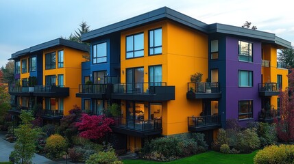 Colorful modern townhouses with balconies, autumn foliage background.  Potential use real estate, architecture, home design