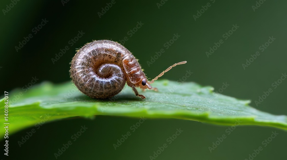 Poster close up shot of a snail on a green leaf with blurred background. the snail's textured shell is visi