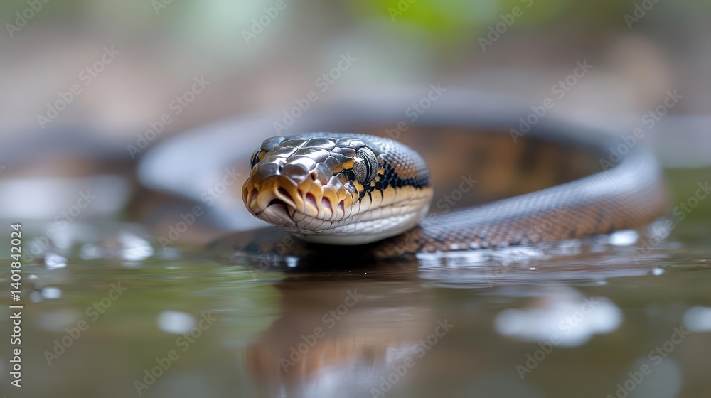 Poster A close-up shot features a smooth brown snake partially submerged in water, its head above the surface. The snake's head shows intricate patterns and colors, with a blurry green backdrop