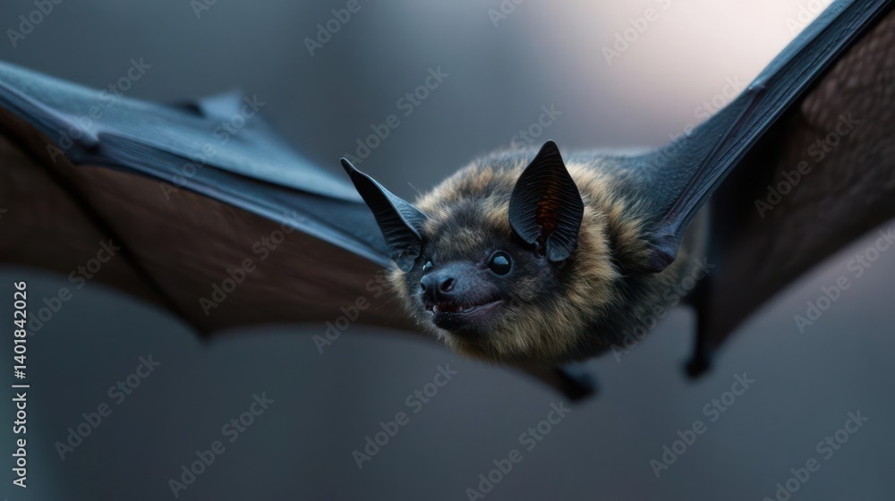 Poster detailed close-up of a brown and black bat in flight against a blurred gray background. the bat's wi