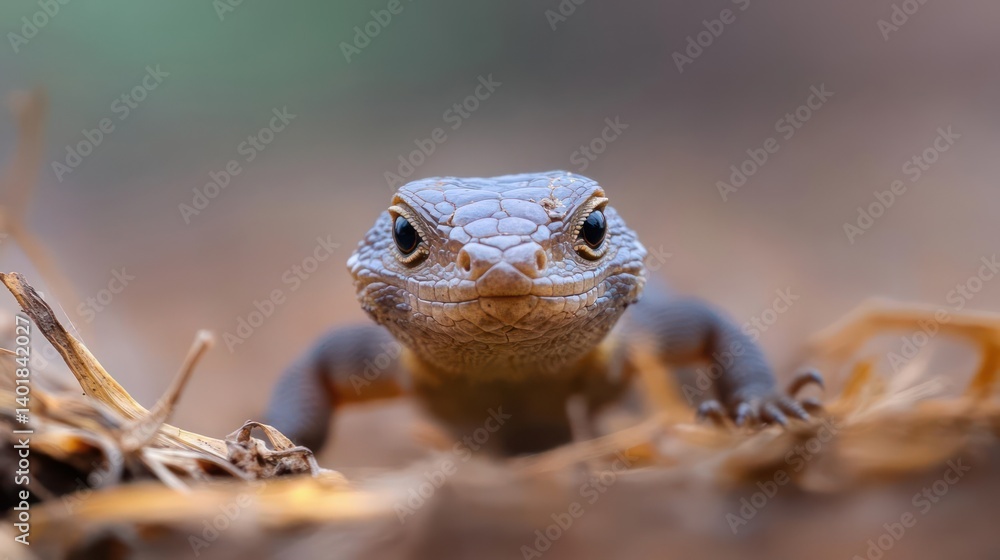 Poster a close-up shot captures a small lizard in sharp focus against a soft, blurred background of dry lea