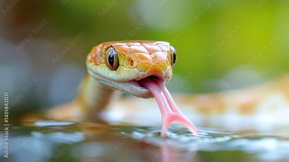 Poster detailed close up of an orange snake with its tongue out, surrounded by water. the snake's intricate