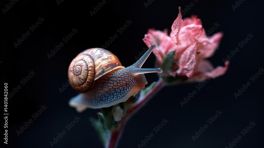 Poster macro shot of a snail perched on a pink flower against a dark background, highlighting the textures 