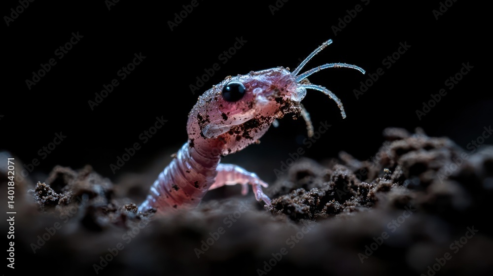 Poster a pinkish worm peeks out from the dark soil, illuminated by a spotlight that highlights its segmente