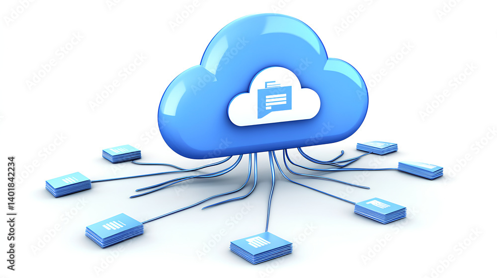 Poster cloud storage concept showing a glowing cloud icon connected to various digital file symbols within 
