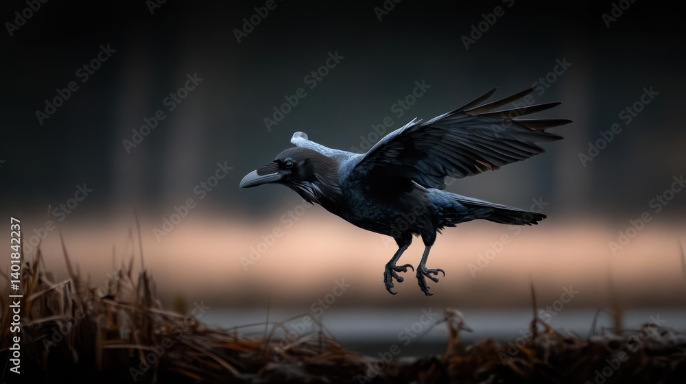 Poster a raven takes flight over a grassy area in muted colors. its wings are extended and ready to take to