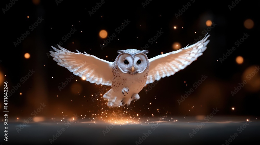 Poster a captivating image of an owl in mid-flight against a blurred background, enhanced by digital manipu
