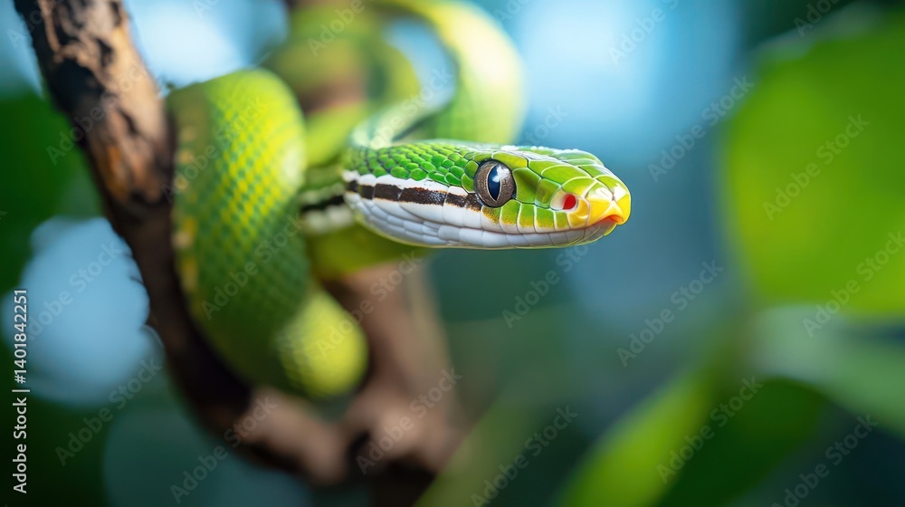 Poster close up shot of a bright green snake coiled around a branch. the snake has white and red markings o