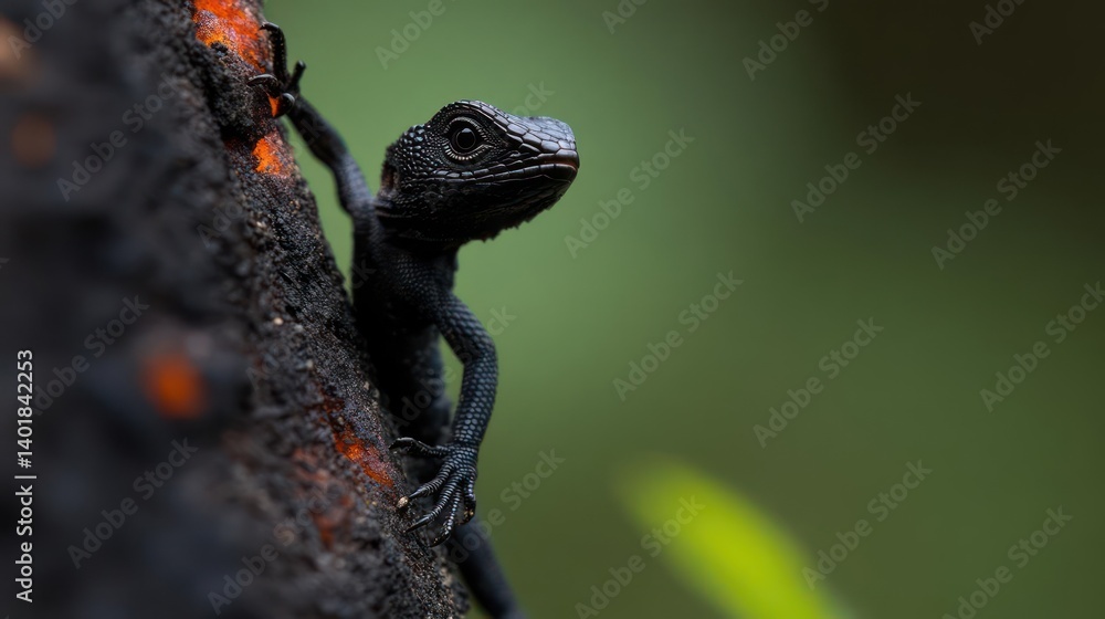 Poster a captivating close-up showcases a glossy black lizard climbing a charred tree trunk with orange spo