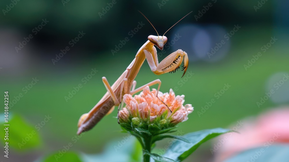 Poster Captured up-close is a praying mantis, its tan body contrasting with the soft peach flower it perches on. The background is a serene blend of green foliage, creating a natural, blurred backdrop that