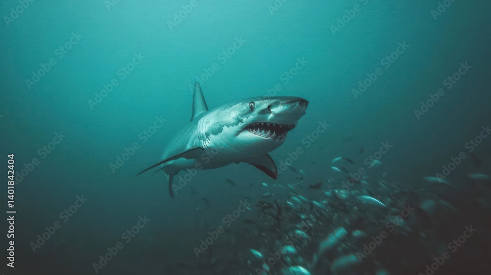 Poster underwater shot captures a large shark with open mouth, displaying sharp teeth, swimming amid a scho
