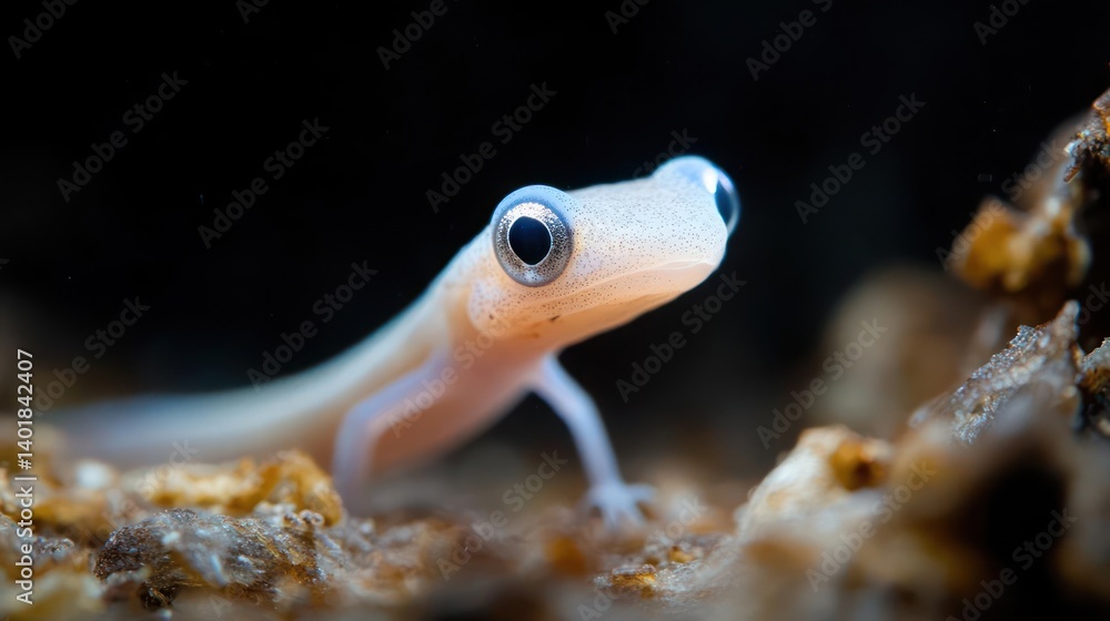 Poster close-up of a small, light-colored salamander with a translucent body and big eyes crawling on a tex
