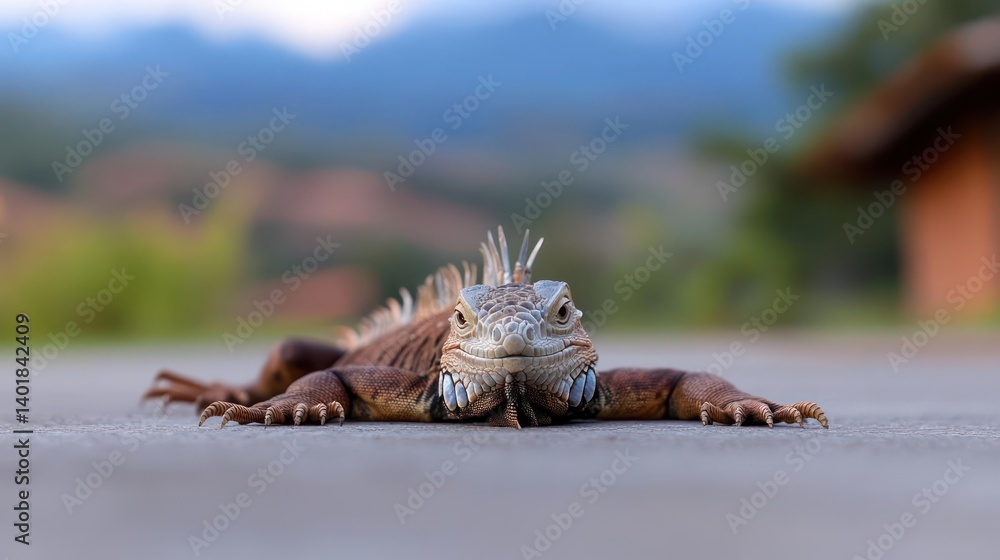 Poster a close-up, eye-level shot features a brown iguana sprawled on a gray asphalt surface. the backgroun