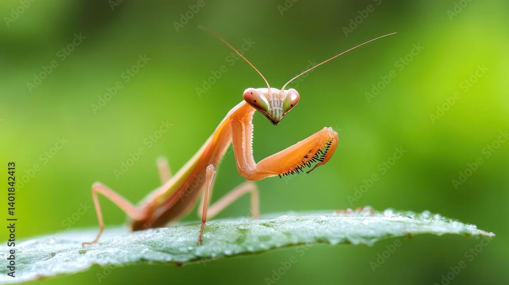 Poster a close-up captures a praying mantis, showcasing its slender, peach-colored body and angular head, p