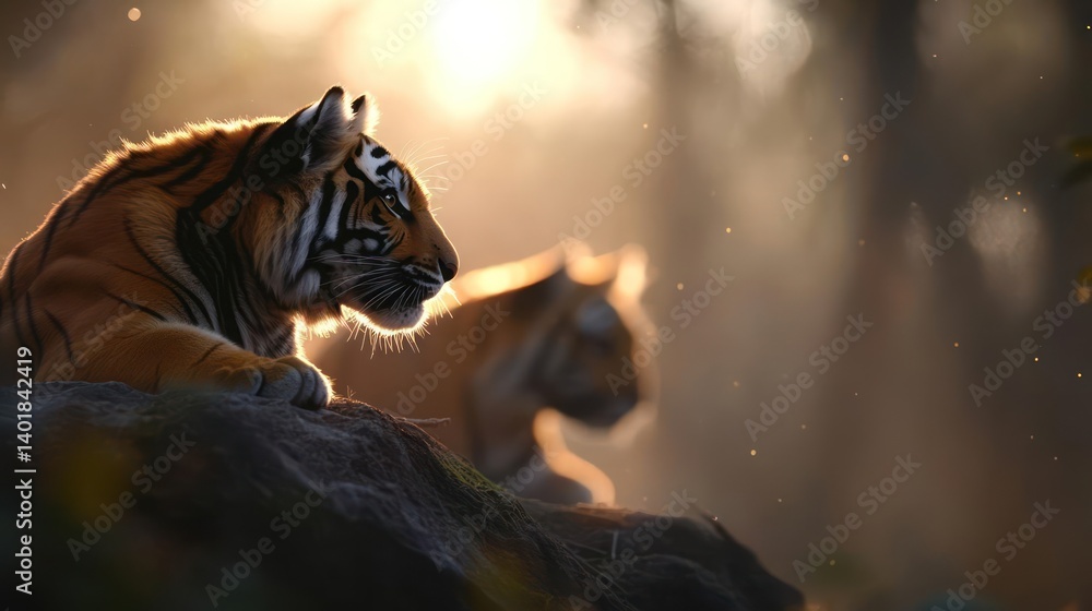 Poster captivating portrait of two tigers basking under a sunlit forest canopy. one tiger is resting atop a