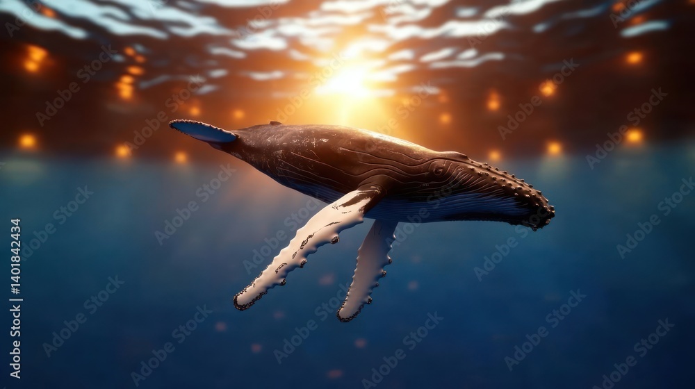 Poster Humpback whale swimming in a deep blue ocean, illuminated by sunlight filtering from above, creating a serene and magical underwater scene. The whale's texture and form are vividly captured against