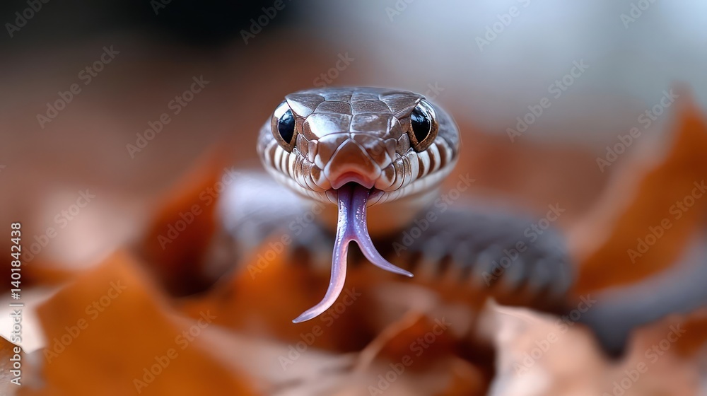 Poster a close-up shot captures a snake with its tongue extended, set against a blurred background of brown