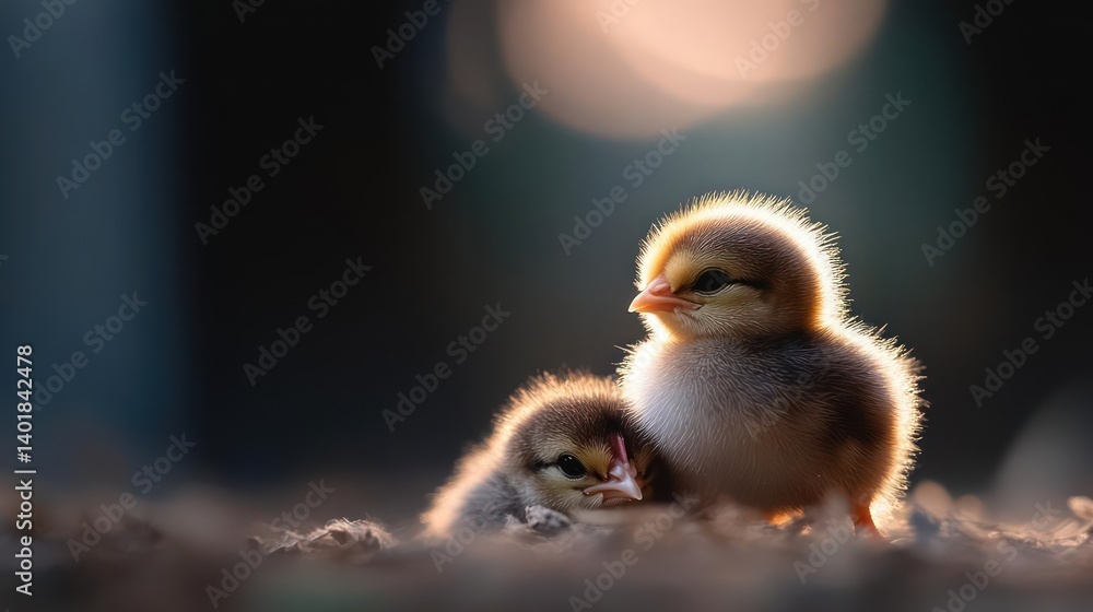 Poster close-up shot of two small, fuzzy chicks with a warm, golden light rimming their bodies, set against