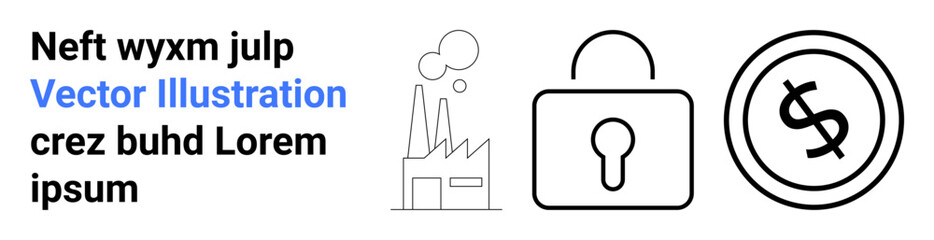 Factory with chimneys emitting smoke, secure padlock, dollar sign in a circle. Ideal for industry, safety, economy, finances, manufacturing, environmental concepts abstract line flat metaphor
