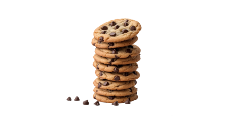Tasty chocolate chip cookies stacked high, isolated on white transparent background PNG cutout Mockup template for artwork design