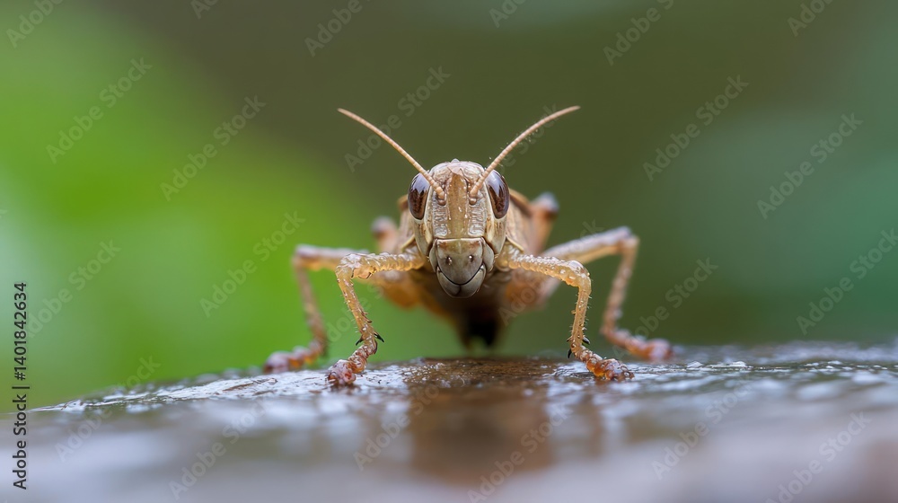 Poster close up shot of a grasshopper with a light brown body and legs, covered in tiny droplets. the backg