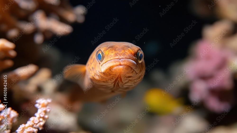 Poster a focused view on an orange fish, showcasing its speckled pattern and distinctive blue eyes. the fis