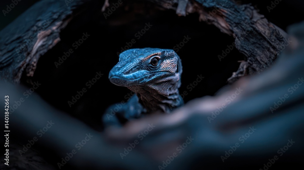 Poster close up of a blue-toned lizard looking out from a dark, hollow log. the lizard's head is in focus, 