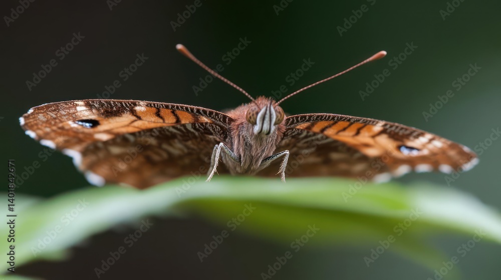 Poster close-up shot of a butterfly with brown patterned wings, perched on a vibrant green leaf. the image 